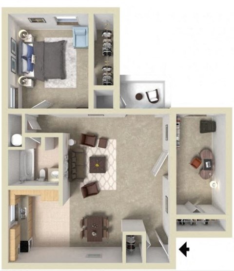Floor plan for 1 bed, 1 bath, 875 sqft